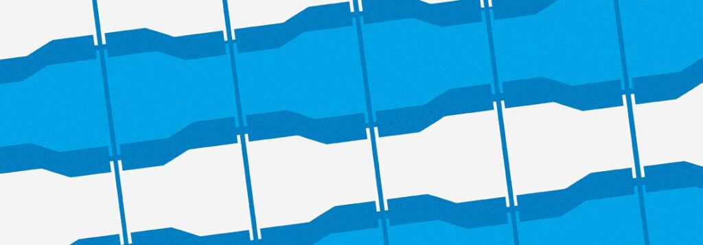 Abstract image featuring diagonal rows of blue geometric shapes with pointed edges, separated by thin white vertical lines, set against a light gray background.