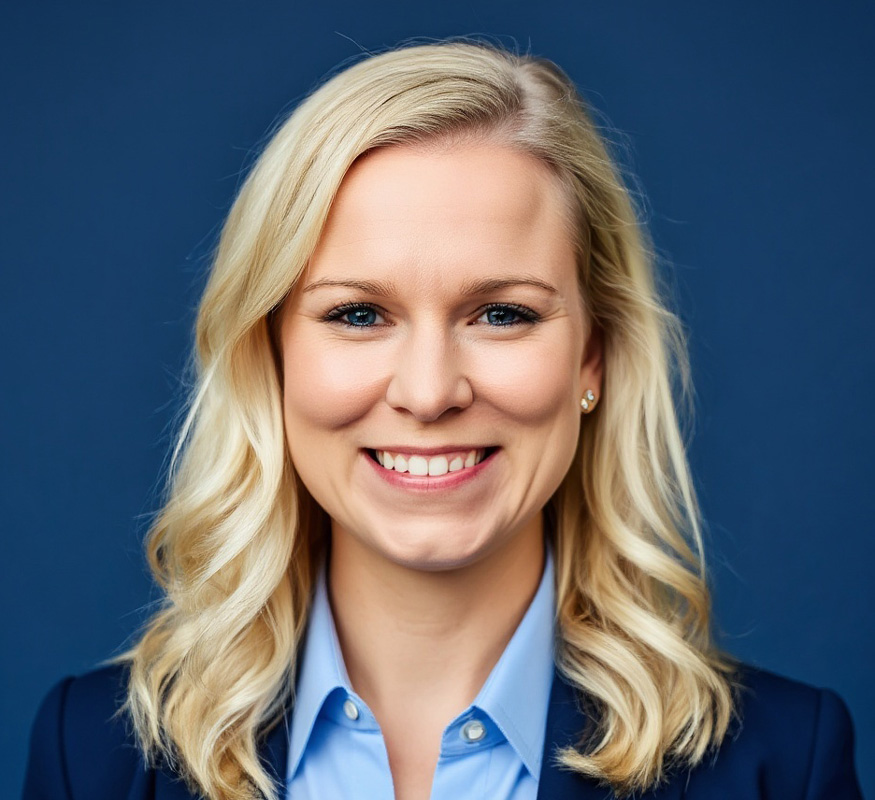 A woman with shoulder-length blonde hair and a light blue collared shirt smiles in front of a solid dark blue background. She is wearing a dark blazer and small stud earrings.