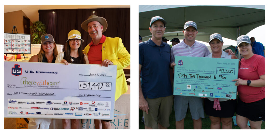 Two photos side by side show groups of people holding oversized charity checks, one for $51,442.00 to therewithcare and one for $42,000 to the American Heart Association, both from U.S. Engineering.