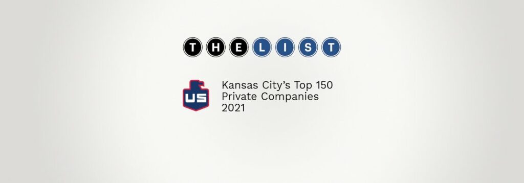 Logo with the words THE LIST in black and blue circles above Kansas City’s Top 150 Private Companies 2021 and a red, white, and blue shield icon with the letters us on the left.