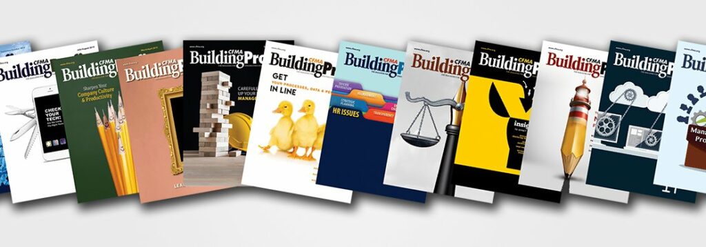 A row of magazine covers is arranged diagonally against a light background. Each cover displays the title Building Profits along with diverse cover images and graphics relating to business and construction themes.