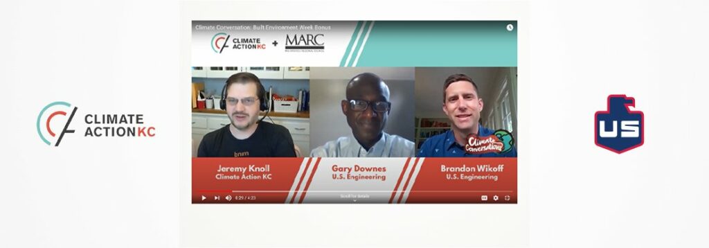 Screenshot of a virtual panel discussion featuring three men: Jeremy Knoll, Gary Downes, and Brandon Wyckoff, with Climate Action KC and US Engineering logos on either side.