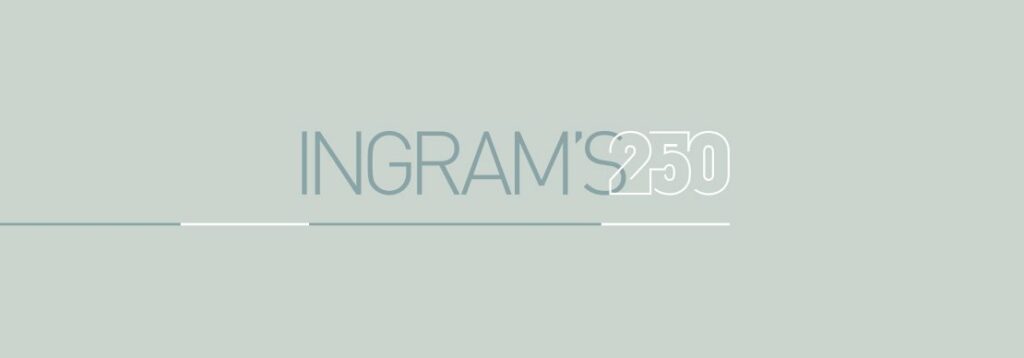 A minimalist graphic with the text INGRAMS 250 in large, thin, gray letters on a light gray background, featuring a horizontal line beneath part of the text.