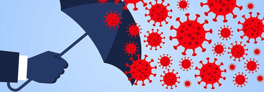 A hand wearing a dark glove holds an open umbrella, blocking red virus-like particles on a light blue background, symbolizing protection from viruses.