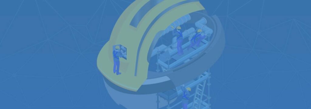 Three illustrated workers wearing hard hats are operating machinery and equipment inside a large, dome-like industrial structure with a yellow top, set against a blue geometric background.