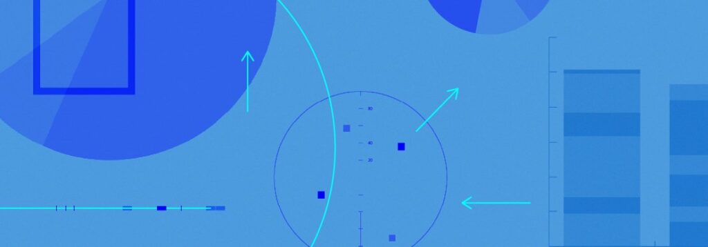 Abstract graphic with various geometric shapes, including circles, rectangles, arrows, and squares in different shades of blue on a light blue background, resembling data visualizations or infographics.