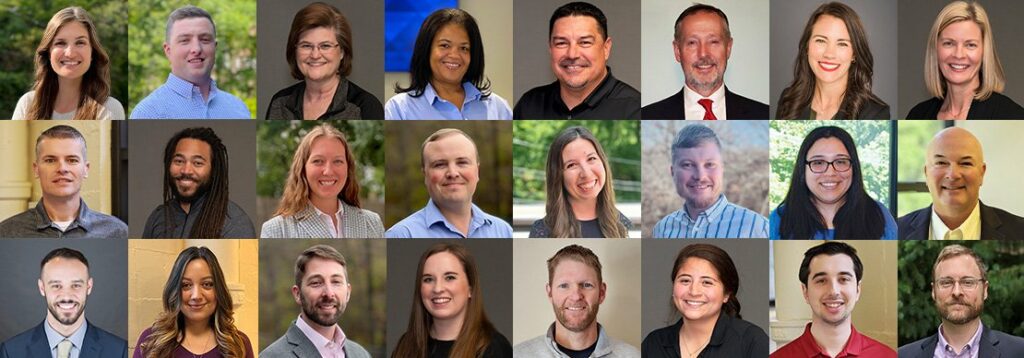 A group photo collage showing 24 adults of various ages and backgrounds, arranged in three rows. Each person is facing the camera and smiling, set against different neutral or outdoor backgrounds.