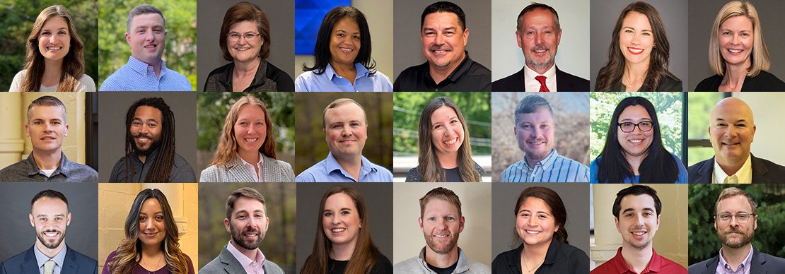 A group photo collage showing 24 adults of various ages and backgrounds, arranged in three rows. Each person is facing the camera and smiling, set against different neutral or outdoor backgrounds.