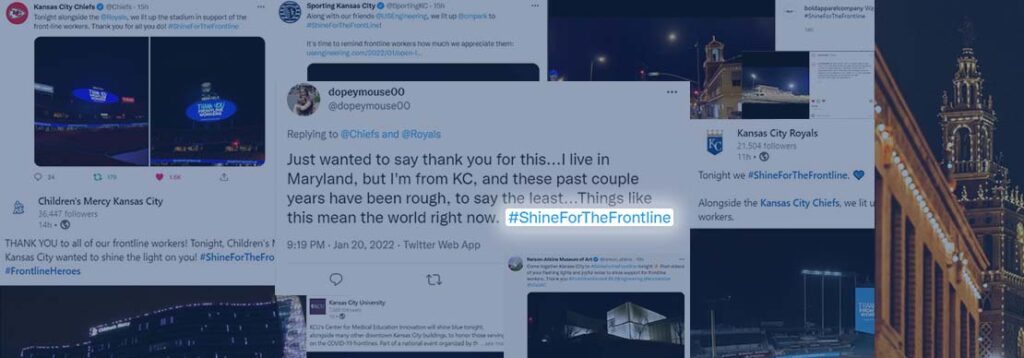 A collage of tweets and images showing illuminated Kansas City landmarks, with messages thanking frontline workers. One tweet highlights the hashtag #ShineForTheFrontline to express support and gratitude.