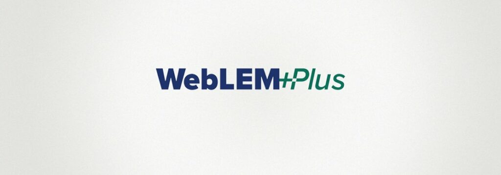 The image shows the text WebLEM+Plus with WebLEM in dark blue and +Plus in green, centered on a plain light gray background.