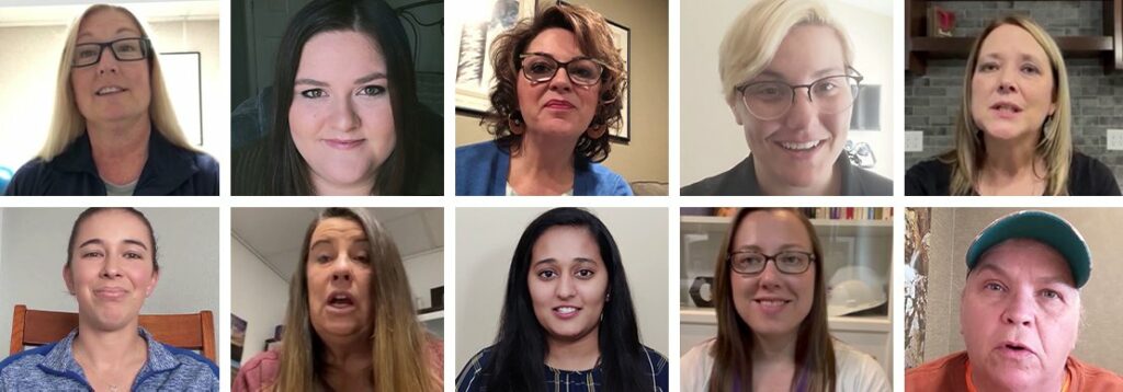 A grid of ten women facing the camera, each pictured in different settings. Expressions range from neutral to smiling. Backgrounds vary, including home interiors and plain walls.