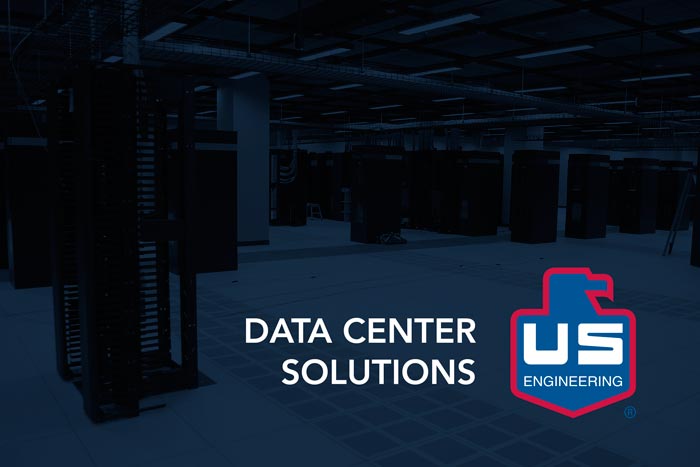 Interior of a dark data center with several server racks, overlaid with the text DATA CENTER SOLUTIONS and the US Engineering logo on the right side.