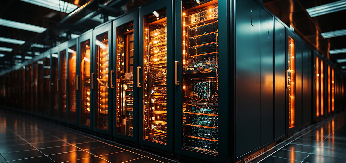 Rows of server racks with illuminated lights and visible cabling are positioned along a shiny tiled floor in a modern data center. The environment appears clean, organized, and well-lit.