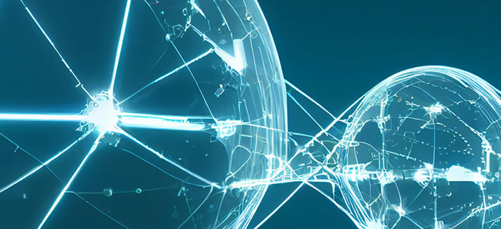 A digital illustration showing interconnected glowing nodes and lines forming abstract spherical shapes against a blue background, representing a network or digital connectivity.