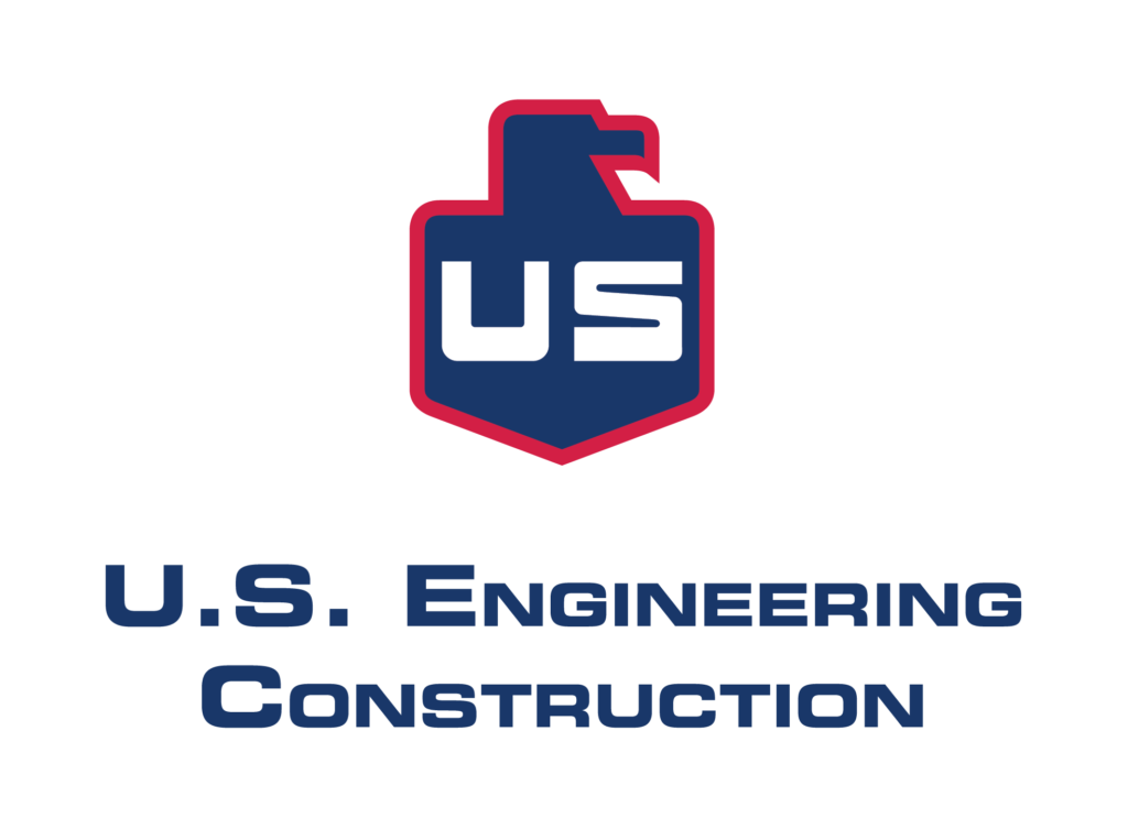 A blue and red shield-shaped logo with an eagle head silhouette and the letters US above the text U.S. Engineering Construction in bold blue capital letters on a white background.