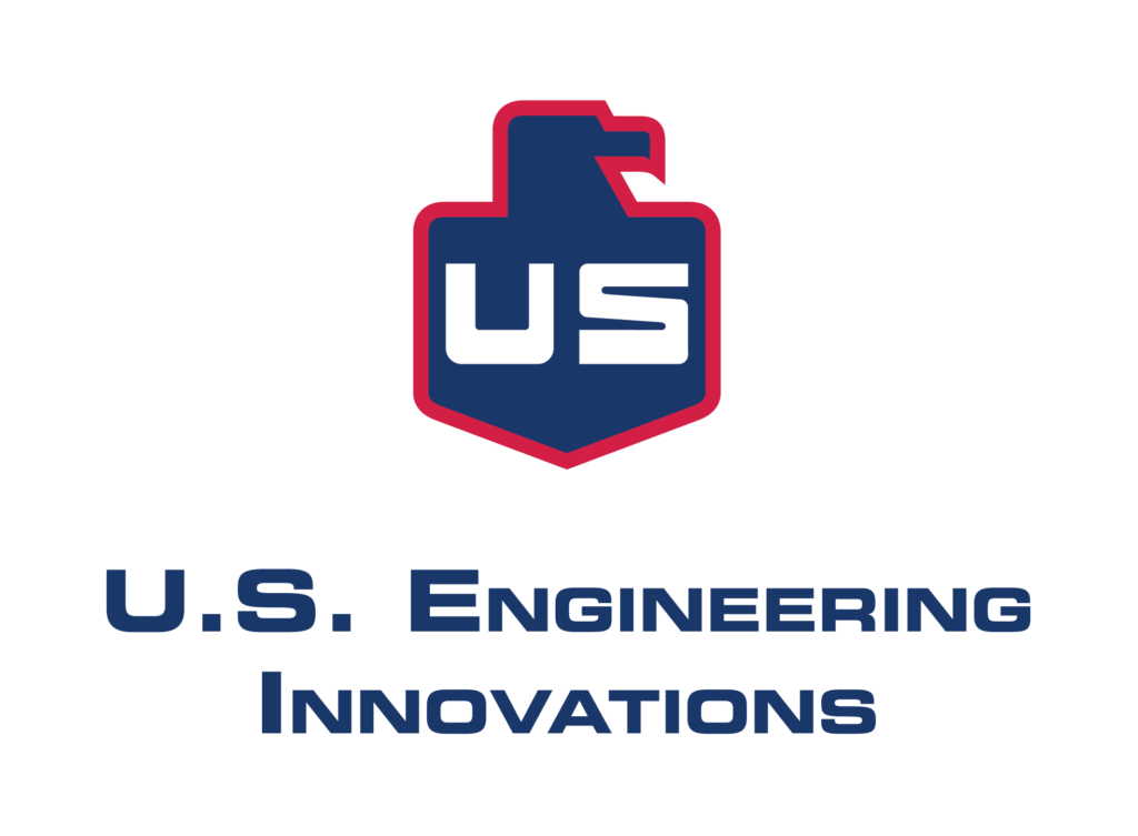 Logo with a stylized eagle head above bold letters US inside a blue and red shield shape. Below, text reads U.S. Engineering Innovations in dark blue capital letters on a light background.
