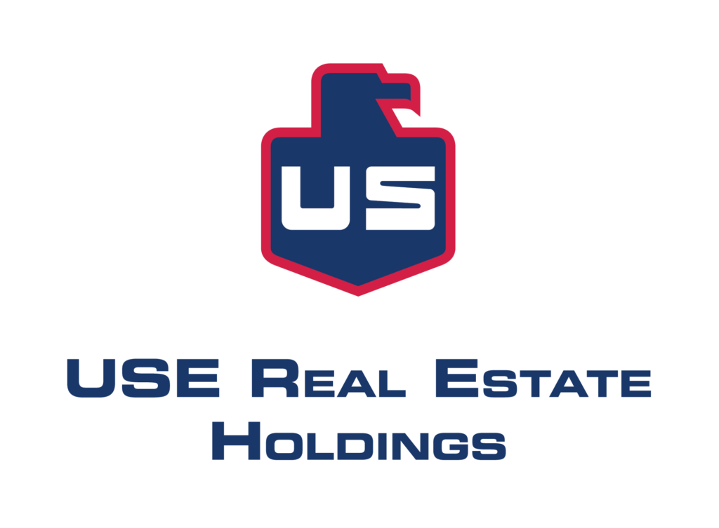 A stylized blue and red shield logo with an eagle head and the letters US. Below it, the words USE Real Estate Holdings are written in bold, blue, capital letters on a light gray background.