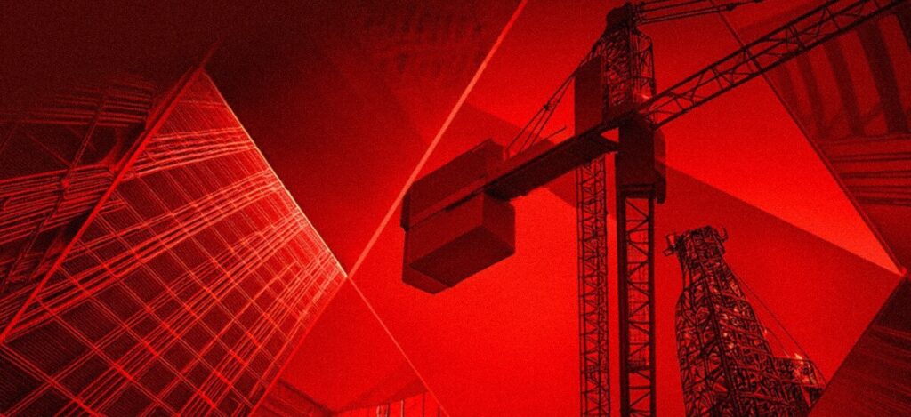 Abstract image featuring overlapping construction cranes and building structures, all tinted in shades of red with geometric shapes and lines dominating the composition.