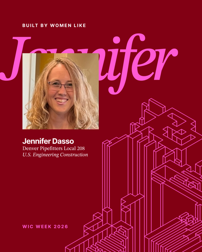 A smiling woman with long blonde hair and glasses is shown in a square photo. Bold text reads Jennifer Dasso, Denver Pipefitters Local 208, U.S. Engineering Construction. Abstract geometric shapes are in the background.