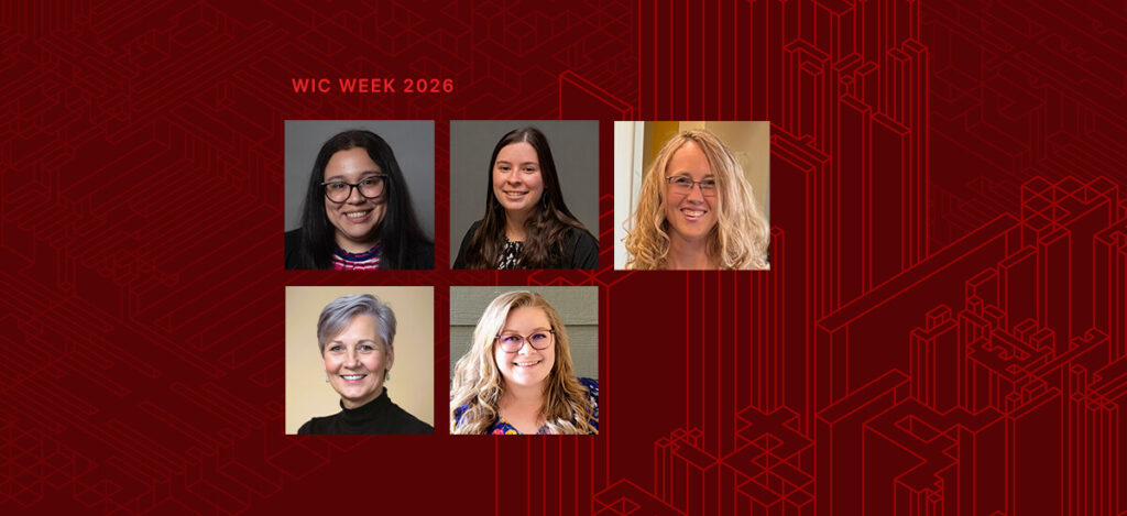 Five women are shown in individual portrait photos arranged in two rows on a red background with geometric line patterns. The text WIC WEEK 2026 appears in the upper left corner.