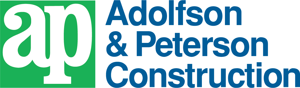 Adolfson & Peterson Construction logo with white lowercase ap on a green square and the company name in blue text to the right.