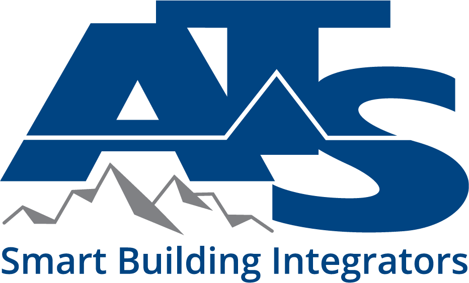 The logo shows large blue letters ATS with a mountain graphic integrated into the letters. Below the logo, the text reads Smart Building Integrators in blue letters.