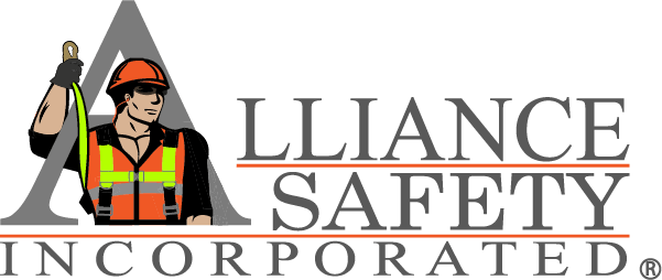 A logo for Alliance Safety Incorporated featuring a drawing of a construction worker in safety gear standing in front of a large letter A with the company name in bold text to the right.