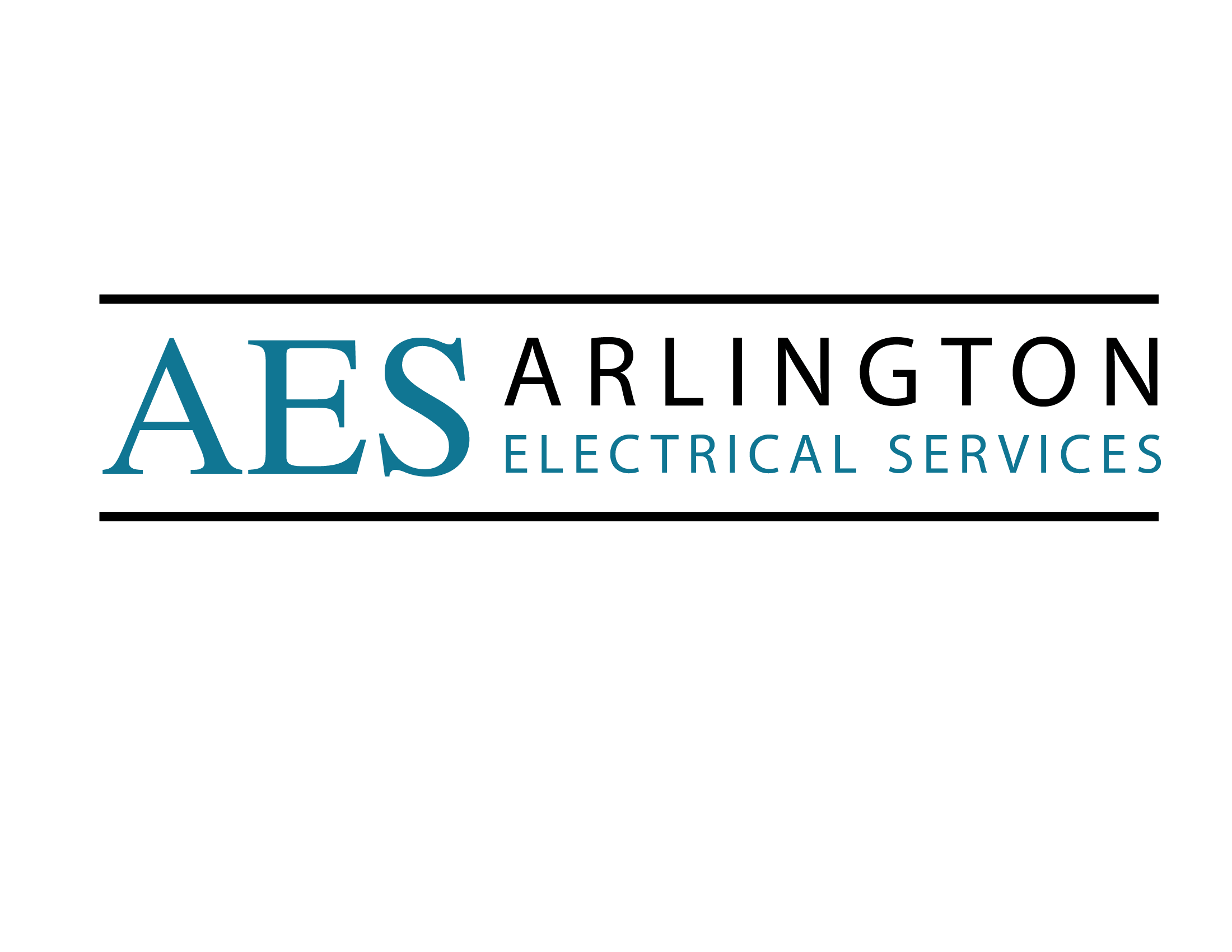 Logo for Arlington Electrical Services with the initials AES in large blue letters on the left and ARLINGTON ELECTRICAL SERVICES in black and blue text to the right, bordered by two horizontal black lines.