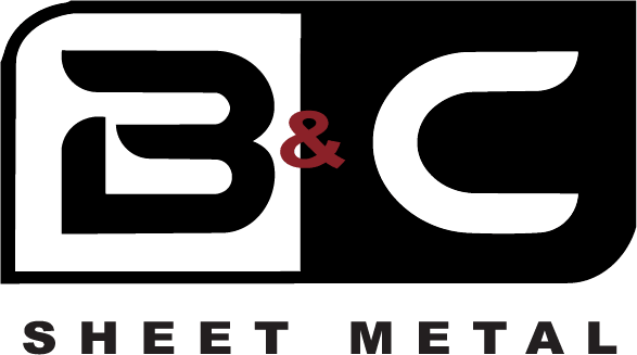 Logo for B & C Sheet Metal with B and C in bold white letters on a black background, separated by a red ampersand, and SHEET METAL written in black capital letters below.
