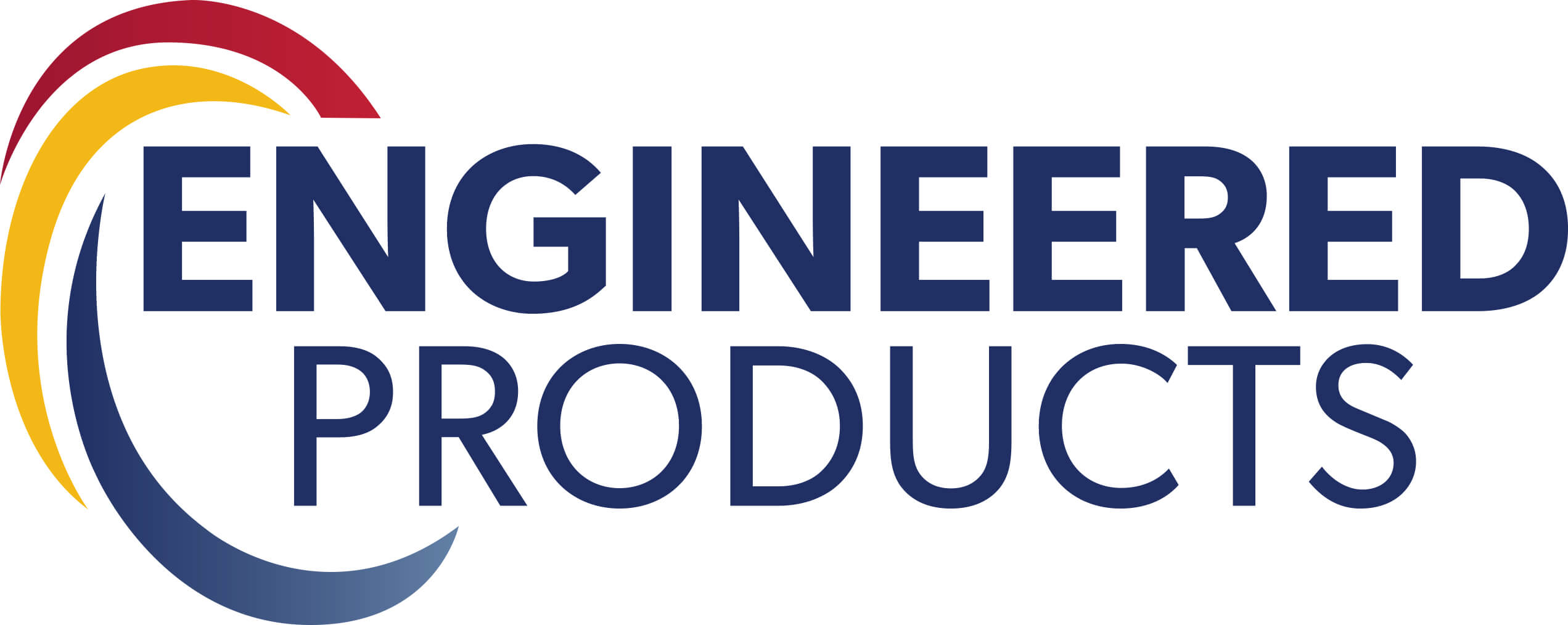 Logo with the words Engineered Products in blue. Three curved lines in red, yellow, and blue form a semicircle to the left of the text. The background is white.