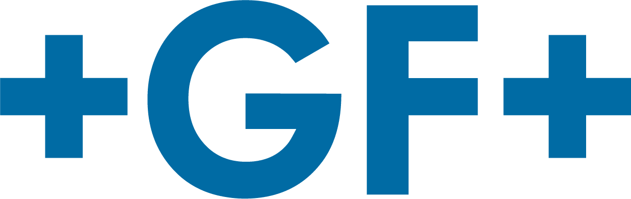 Blue logo featuring the capital letters GF flanked by plus signs on both sides, all set against a light gray background.