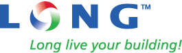 The image shows the logo for LONG, with the letter O replaced by a circular design in blue, green, and red. Below the logo, the slogan reads: Long live your building! in green text.