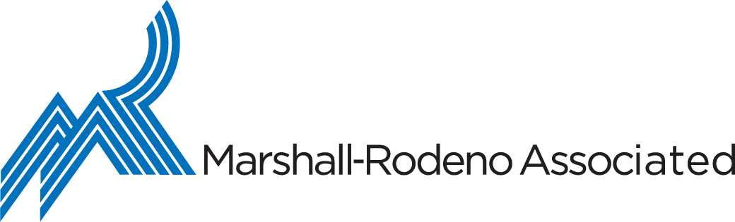 Logo for Marshall-Rodeno Associated featuring blue, stylized overlapping lines forming the letters M and R on the left, with the company name written in black text to the right.