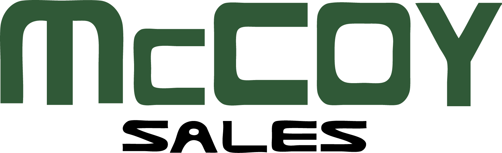 The image displays the words McCOY SALES in bold, stylized green and black letters on a light background.