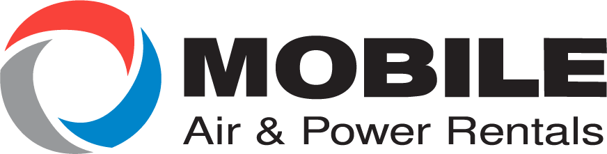 Logo for Mobile Air & Power Rentals featuring a circular symbol in red, gray, and blue to the left of the bold black text MOBILE and smaller text Air & Power Rentals underneath.