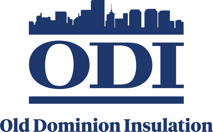 Blue logo with a city skyline above the large letters ODI, separated by two horizontal lines. Below, the words Old Dominion Insulation are written in blue capital letters.
