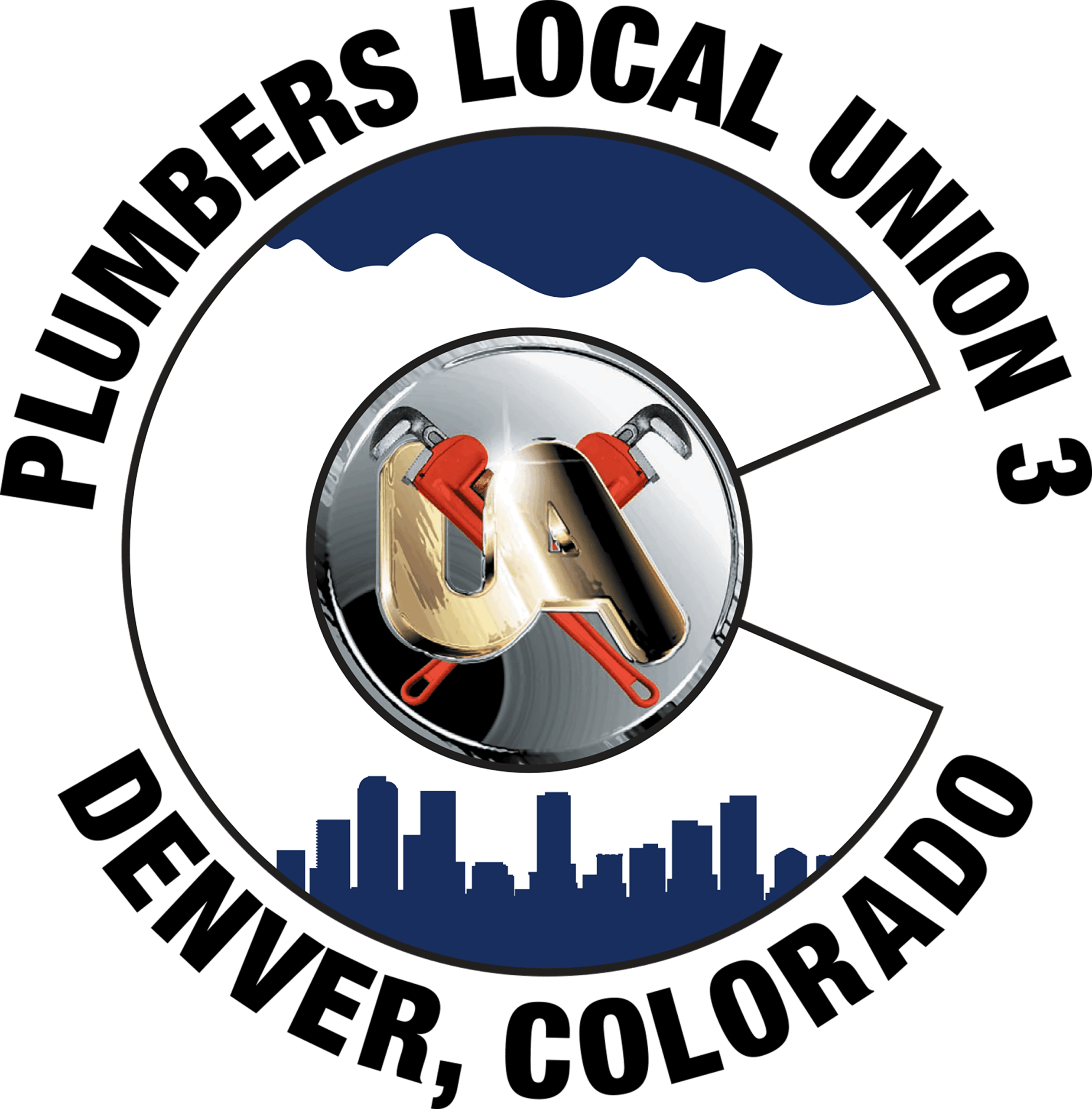 Circular logo for Plumbers Local Union 3, Denver, Colorado. Features a mountain range, city skyline, and crossed pipe wrenches with gold UA at the center. Black text circles the image.