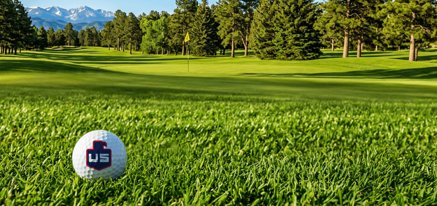 A close-up of a golf ball with a US logo on grass, with a golf course, trees, and snow-capped mountains in the background under a clear blue sky.
