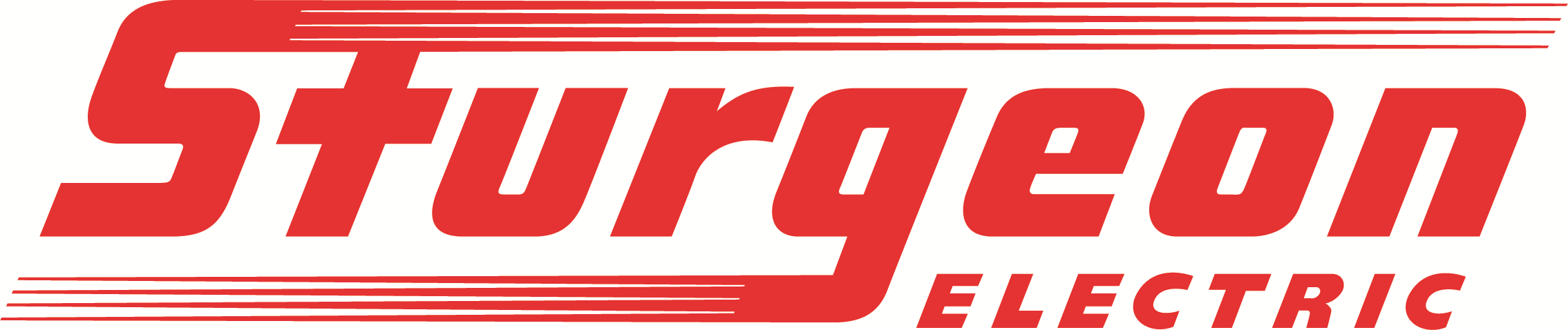 Logo for Sturgeon Electric in red, featuring the word Sturgeon in bold, stylized font with horizontal lines extending from the S. The word ELECTRIC appears in smaller capital letters below on the right.