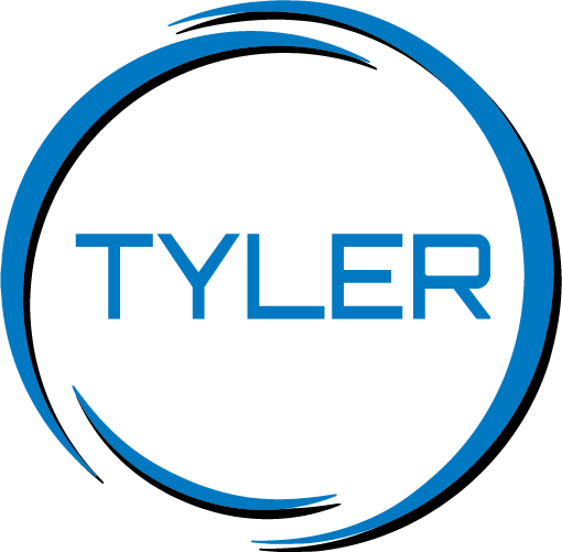 The word TYLER in blue, uppercase letters is centered inside a blue and black circular swoosh design on a light gray background.