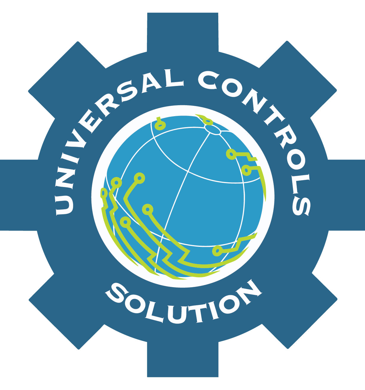 A blue gear shape surrounds a globe with green circuit-like lines. The words UNIVERSAL CONTROLS SOLUTION circle the globe inside the gear.