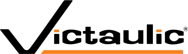 The image shows the Victaulic logo with the word Victaulic in black letters. The V is stylized and there are orange rectangles above the i letters and an orange horizontal line under the word.