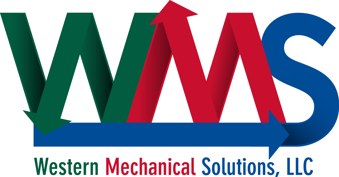 Logo for Western Mechanical Solutions, LLC. The initials WMS are large, with green and red letters and arrows. The company name is written below in green, red, and blue text.