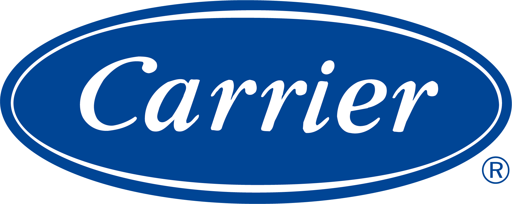 Carrier company logo featuring the word Carrier in white italic font inside a blue oval with a white border. A registered trademark symbol appears at the lower right of the oval.