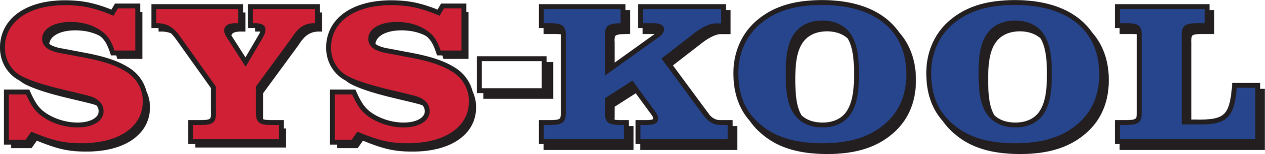 The image shows the text SYS-KOOL in bold, uppercase letters. SYS- is in red font with a black outline, and KOOL is in blue font with a black outline.
