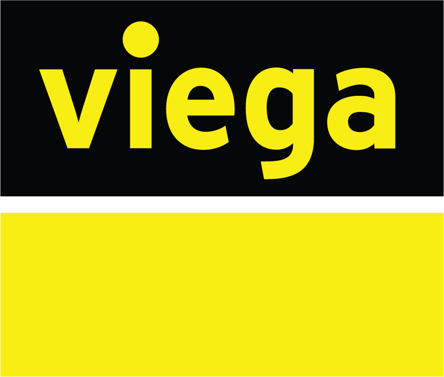 The image shows the Viega logo with the word viega in bold yellow lowercase letters on a black background above a solid yellow rectangle divided by a thin white line.