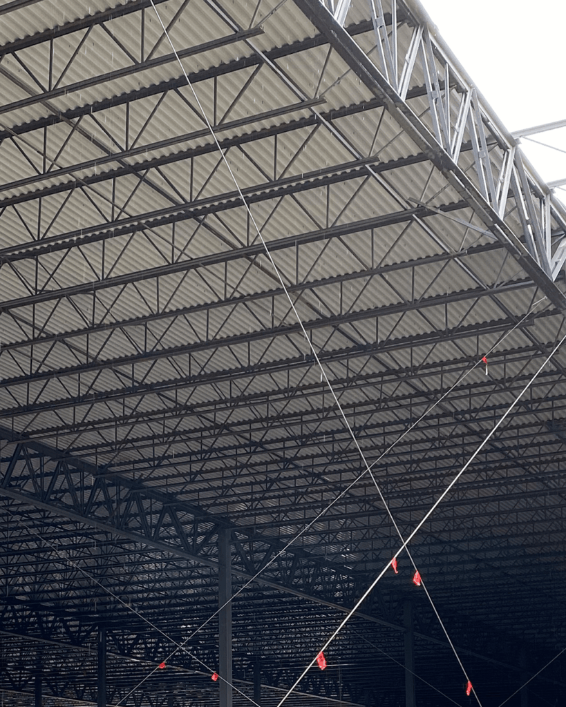 Steel beams support the roof of a large industrial building under construction. Thin cables with red flags are strung diagonally across the open space beneath the roof. Natural light enters from the upper right.