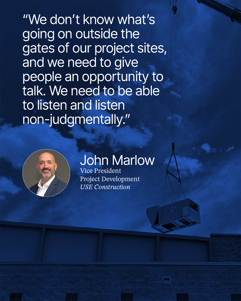 A mans photo appears next to his quote about the importance of listening on project sites. The background shows a construction crane lifting equipment against a dark blue sky. His name and title are listed: John Marlow, Vice President, USE Construction.